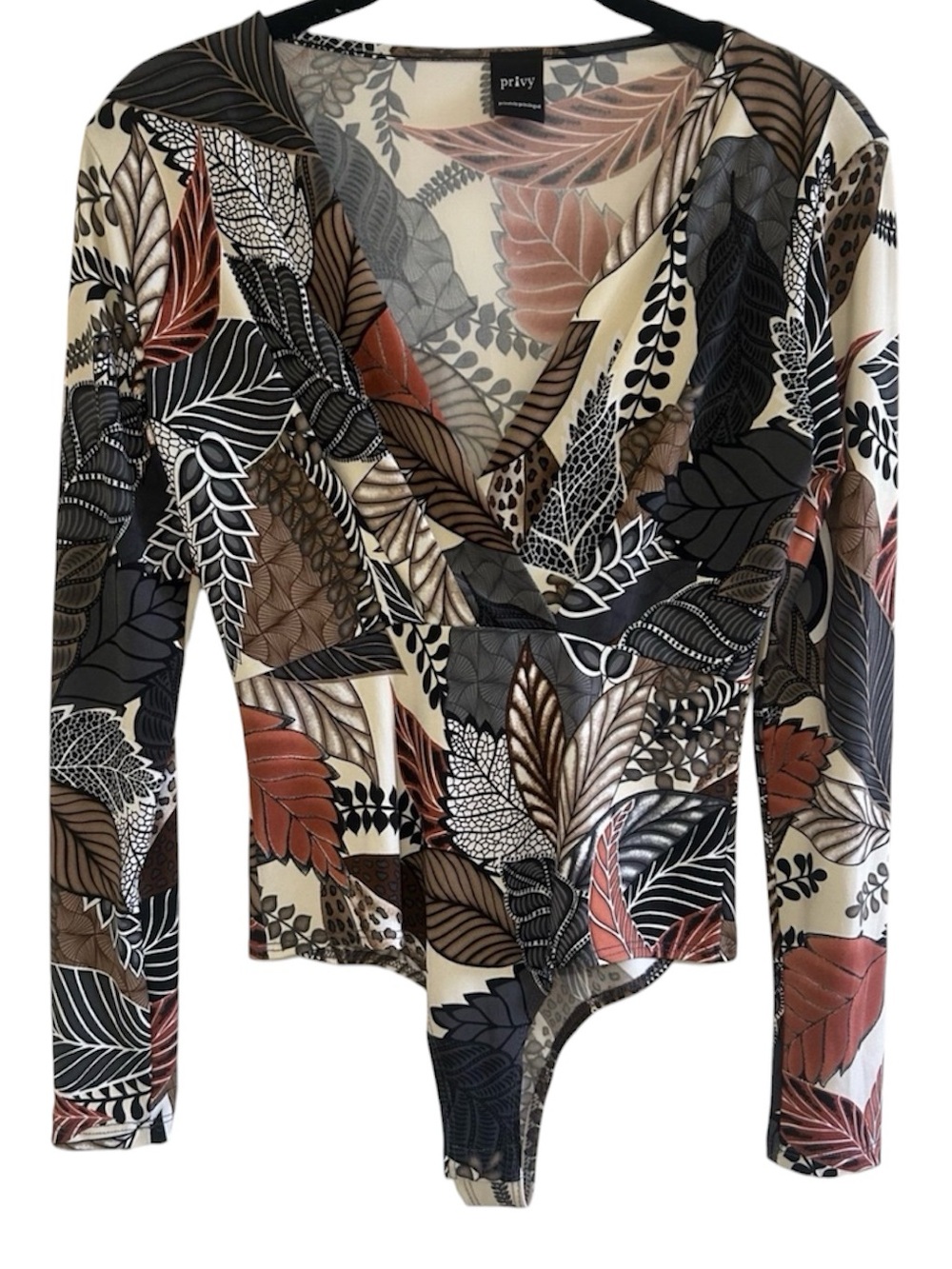 Privy Long Sleeve Botanical Leaf Print V-Neck Bodysuit
